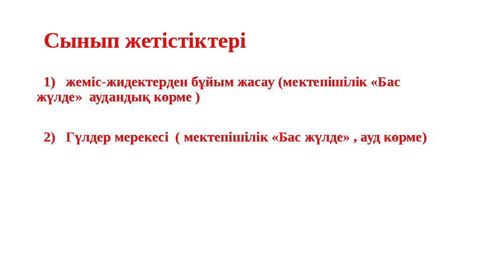 Сынып жетістіктері 1) жеміс-жидектерден бұйым жасау (мектепішілік «Бас жүлде» аудандық көрме ) 2) Гүлдер ме