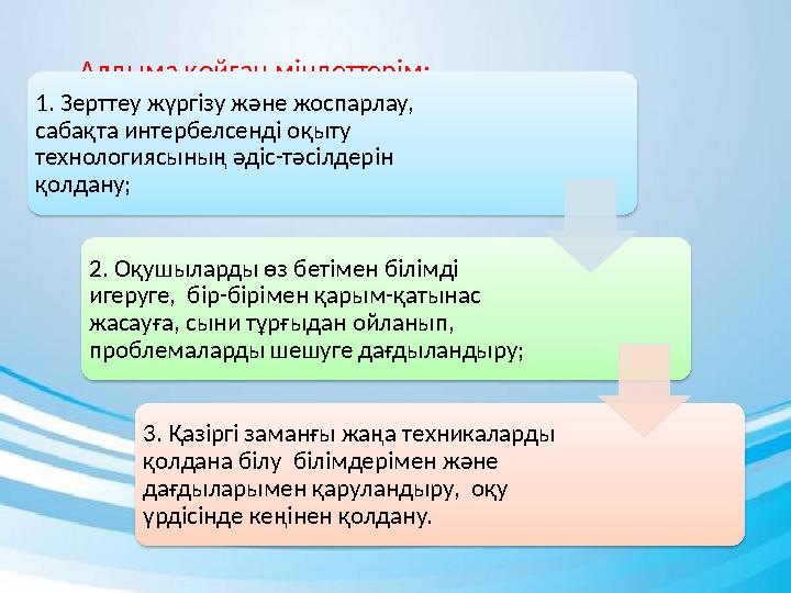 Алдыма қойған міндеттерім: 1. Зерттеу жүргізу және жоспарлау, сабақта интербелсенді оқыту технологиясының әдіс-тәсі