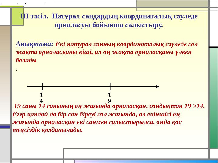 III тәсіл. Натурал сандардың координаталық сәуледе орналасуы бойынша салыстыру. Анықтама: Екі натурал санның координаталық с