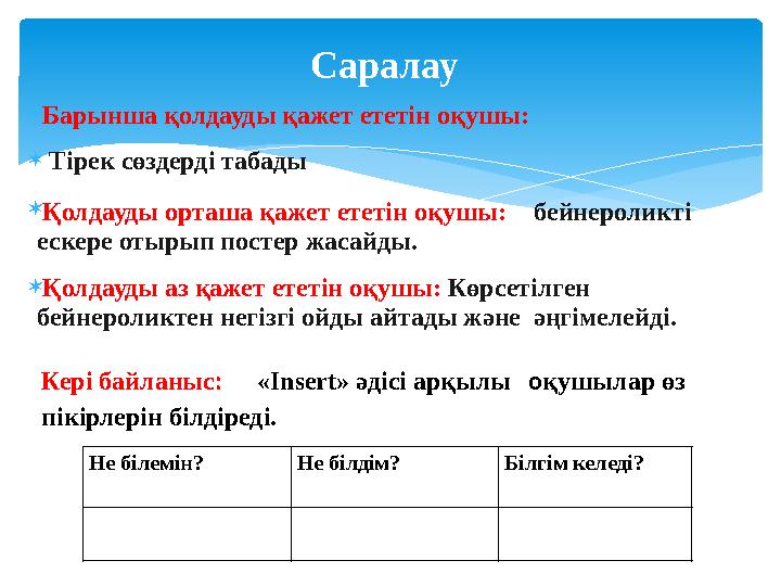 Барынша қолдауды қажет ететін оқушы:  Тірек сөздерді табады Қолдауды орташа қажет ететін оқушы: бейнероликті ескере отыры