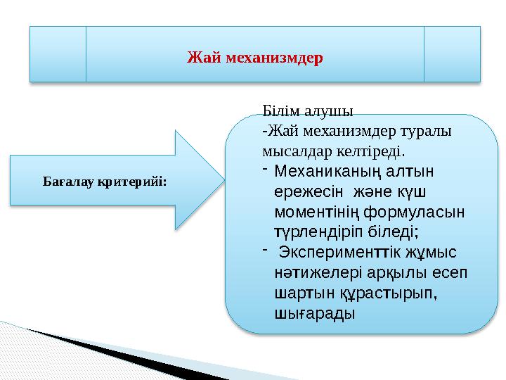Бағалау критерийі: Білім алушы -Жай механизмдер туралы мысалдар келтіреді. -Механиканың алтын ережесін және күш моментін
