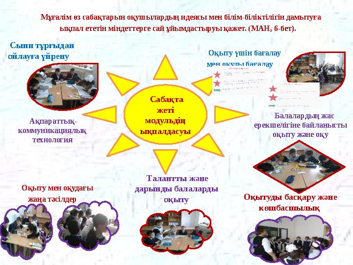 Мұғалім өз сабақтарын оқушылардың идеясы мен білім-біліктілігін дамытуға ықпал ететін міндеттерге сай ұйымдастыруы қажет. (МА