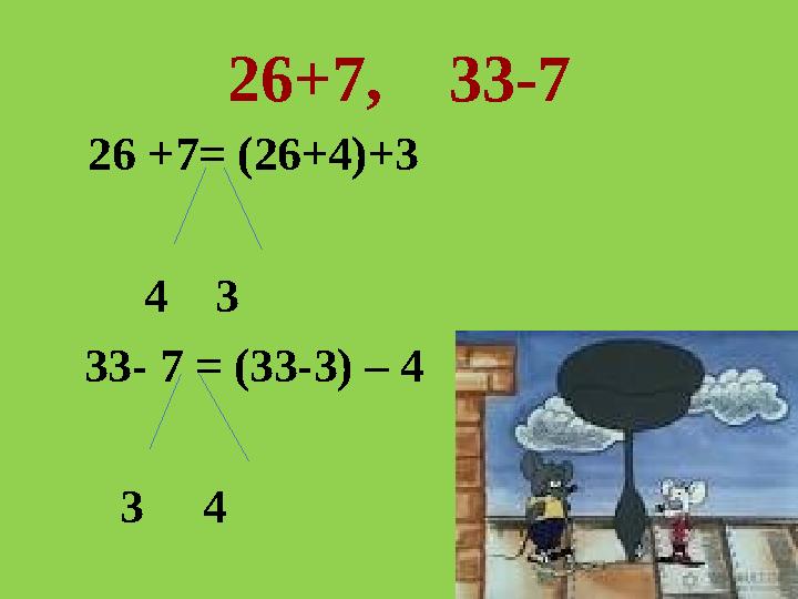 26+7, 33-7 26 +7 = (26+4)+3 4 3 33- 7 = (33-3) – 4 3 4