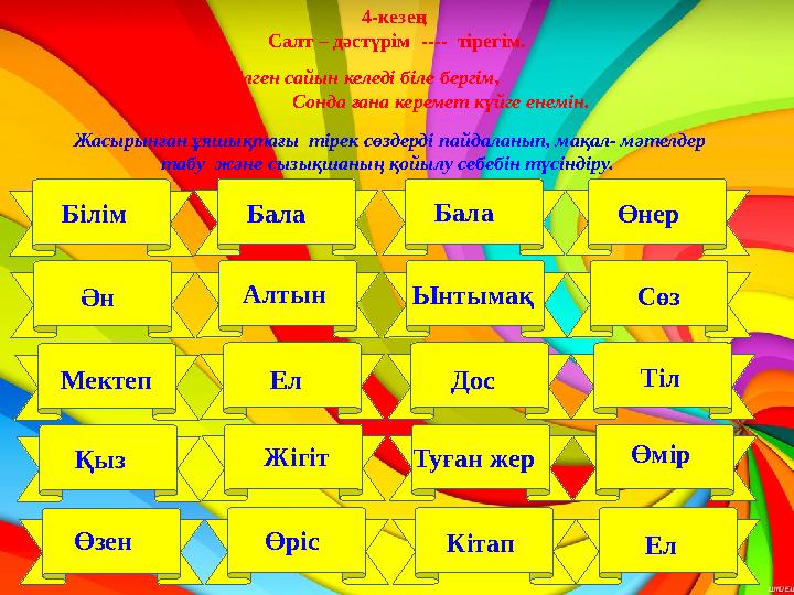 4-кезең Салт – дәстүрім ---- тірегім. Білім Бала Бала Өнер Өріс Ән Алтын Ынтымақ Сөз Кітап Мектеп Ел Дос Тіл Ел Қыз Жігіт