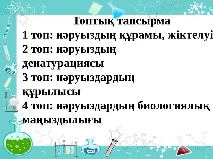 Топтық тапсырма 1 топ: нәруыздың құрамы, жіктелуі 2 топ: нәруыздың денатурациясы 3 топ: нәруыздардың құрылысы 4 топ: нәр