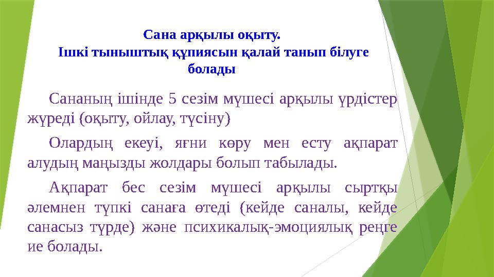 Сана арқылы оқыту. Ішкі тыныштық құпиясын қалай танып білуге болады Сананың ішінде 5 сезім мүшесі арқылы үрдістер жүре