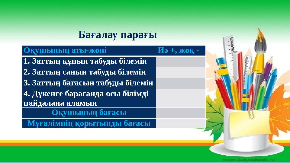 Оқушының аты-жөні Иә +, жоқ - 1. Заттың құнын табуды білемін 2. Заттың санын табуды білемін 3. Заттың бағасын табуды білемін