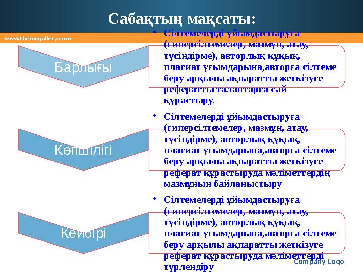 Company LogoБарлығы • Сілтемелерді ұйымдастыруға (гиперсілтемелер, мазмұн, атау, түсіндірме), авторлық құқық, плагиат ұғымдар