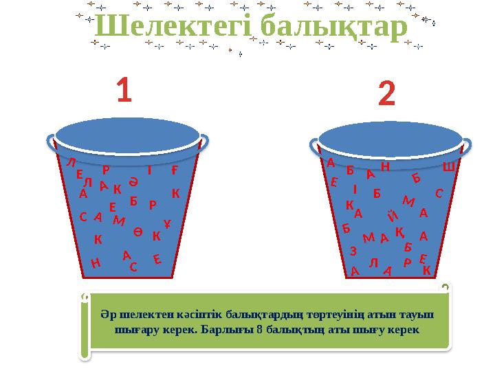 Шелектегі балықтар ЕА Ә М Е С К Ө Р Е К С Ұ А Ғ НР Л К А А БЛ І К А К Б Е А Ш М А І А А Й Б СБ Н АҚ Б М Б Е З К