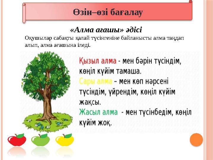 Өзін–өзі бағалау «Алма ағашы» әдісі Оқушылар сабақты қалай түсінгеніне байланысты алма таңдап алып,