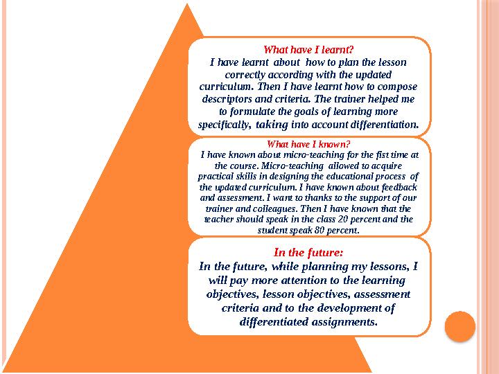 What have I learnt? I have learnt about how to plan the lesson correctly according with the updated curriculum. Then I have