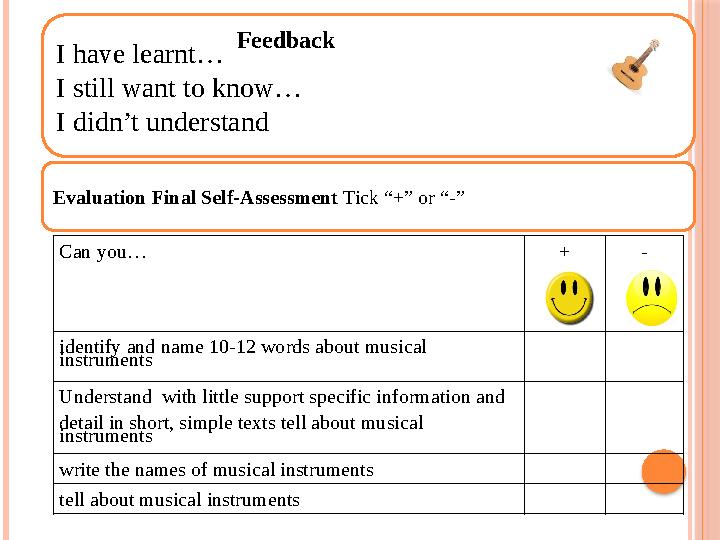 I have learnt… I still want to know… I didn’t understand Can you… + - identify and name 10-12 words about musical in