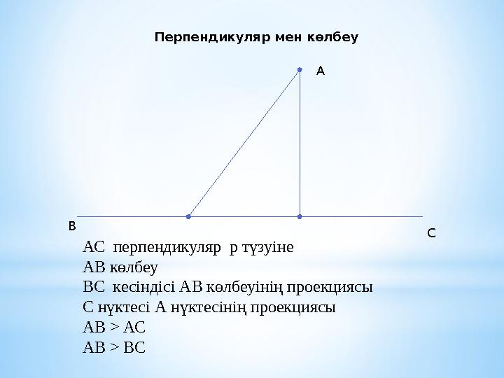 Перпендикуляр мен көлбеу АС перпендикуляр р түзуіне АВ көлбеу ВС кесіндісі АВ көлбеуінің проекциясы С нүктесі А нүктесінің п