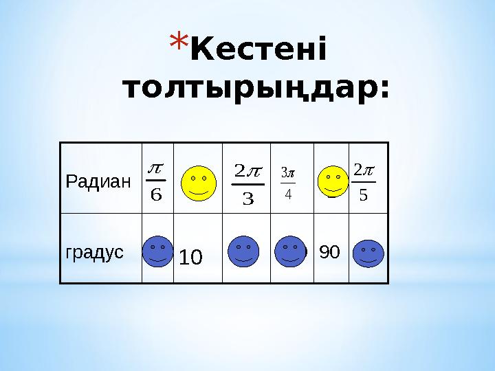 * Кестені толтырыңдар:18  Радиан градус 10 120 240 90 72 6  3 2  4 3 5 2  2 