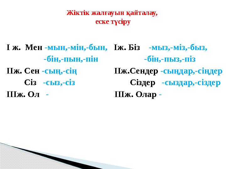 І ж. Мен -мын,-мін,-бын, Іж. Біз -мыз,-міз,-быз, -бін,-пын,-пін -бін,-пыз,-піз ІІ