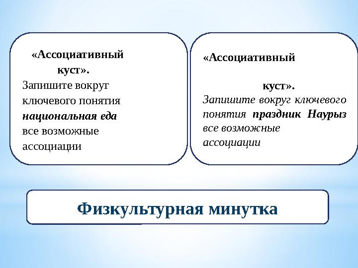 «Ассоциативный куст». Запишите вокруг ключевого понятия национальная еда все возможные ассоциации «Ассоциативный