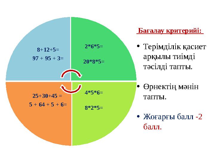 8+12+5= 97 + 95 + 3= 2*6*5= 20*8*5= 4*5*6= 8*2*5=25+30+45 = 5 + 64 + 5 + 6= Бағалау крит