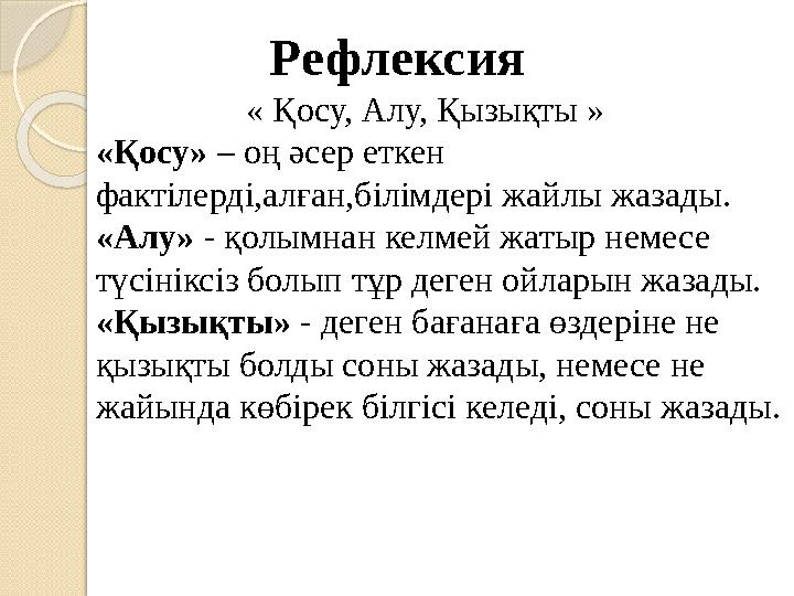 Рефлексия « Қосу, Алу, Қызықты » «Қосу» – оң әсер еткен фактілерді,алған,білімдері жайлы жа