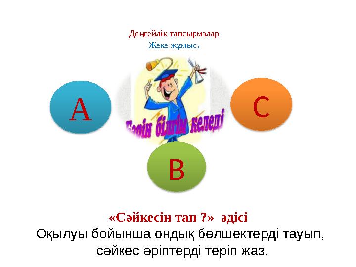 Деңгейлік тапсырмалар Жеке жұмыс . А В С «Сәйкесін тап ?» әдісі Оқылуы бойынша ондық бөлшектерді тауып, сәйкес әріпт