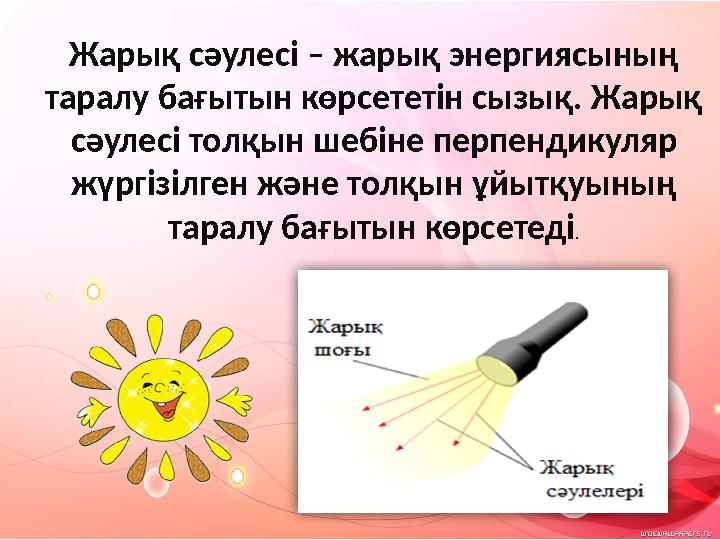 Жарық сәулесі – жарық энергиясының таралу бағытын көрсететін сызық. Жарық сәулесі толқын шебіне перпендикуляр жүргізілген жән