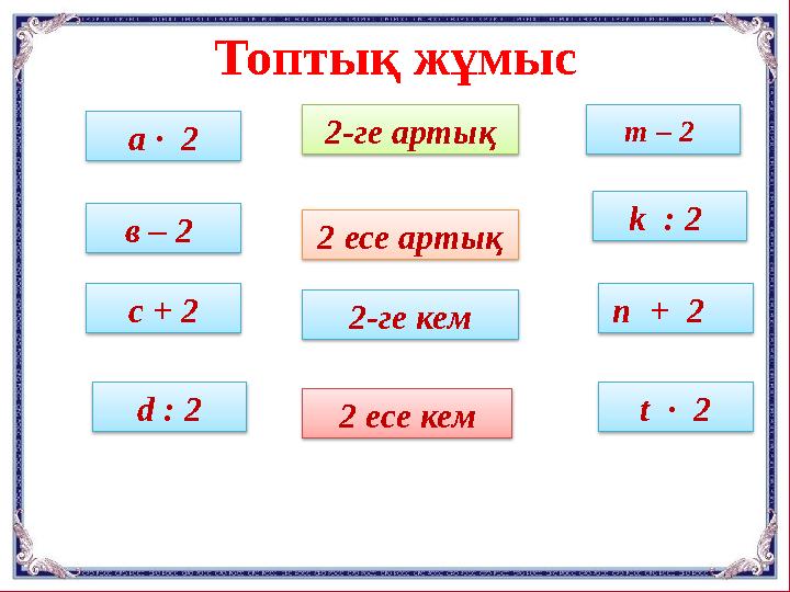 а ∙ 2 t ∙ 2n + 2 k : 2 2-ге артық m – 2 2 есе кем 2-ге кем2 есе артық с + 2 d : 2в – 2 Топтық жұмыс