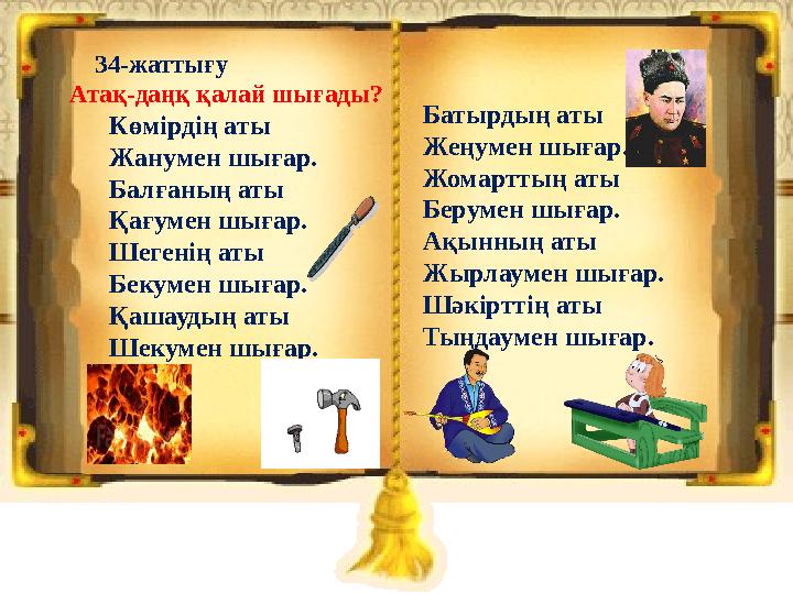 34-жаттығу Атақ-даңқ қалай шығады? Көмірдің аты Жанумен шығар. Балғаның аты Қағумен шығар.