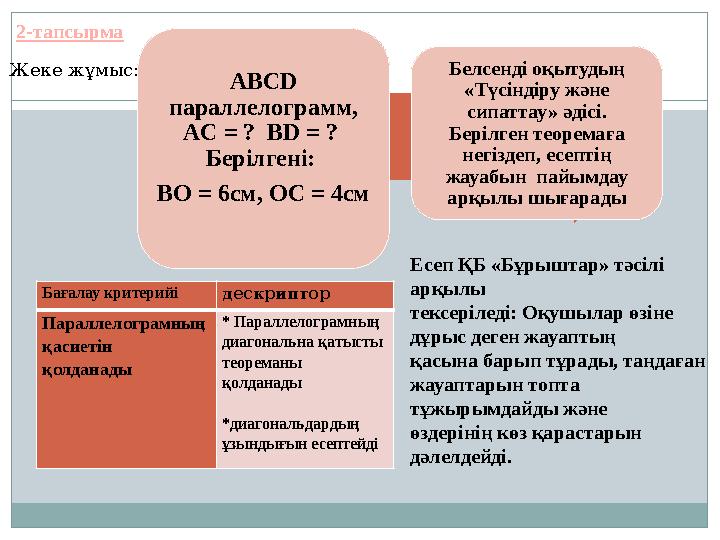 2-тапсырма АВС D параллелограмм, AC = ? BD = ? Берілгені: ВО = 6см, ОС = 4см Белсенді оқытудың «Түсіндіру және сипатта
