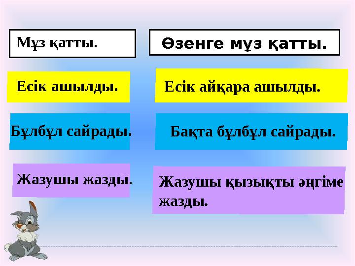Мұз қатты. Өзенге мұз қатты. Есік ашылды . Есік айқара ашылды. Бұлбұл сайрады . Жазушы жазды. Бақта бұлбұл сайрады. Жазушы қызық