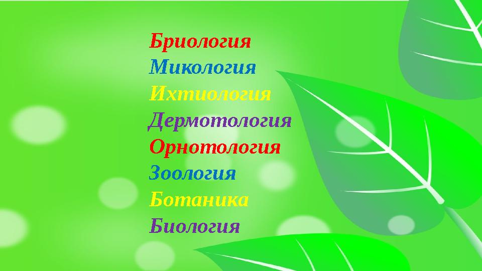 Бриология Микология Ихтиология Дермотология Орнотология Зоология Ботаника Биология