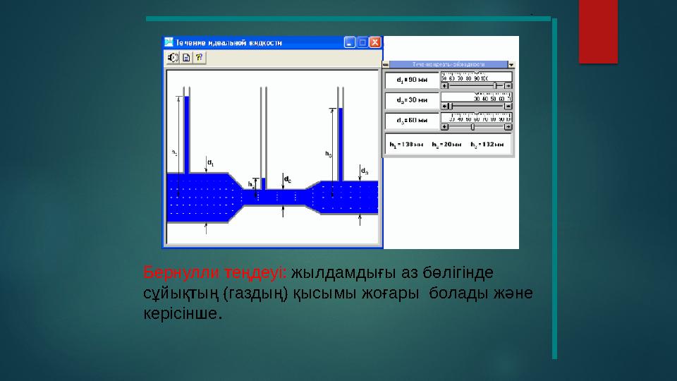 Бернулли теңдеуі: жылдамдығы аз бөлігінде сұйықтың (газдың) қысымы жоғары болады және керісінше.