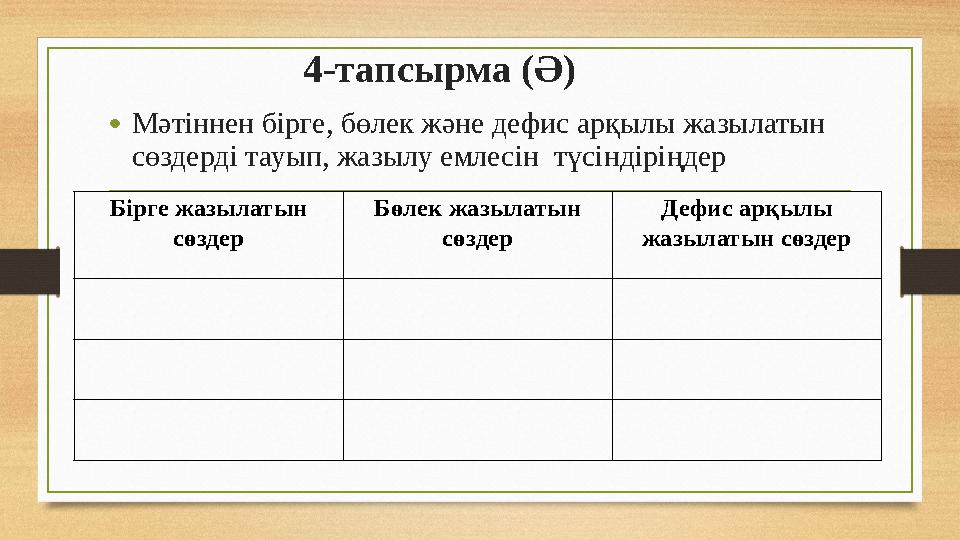 4-тапсырма (Ә) • Мәтіннен бірге, бөлек және дефис арқылы жазылатын сөздерді тауып, жазылу емлесін түсіндіріңдер Бірге жазылаты
