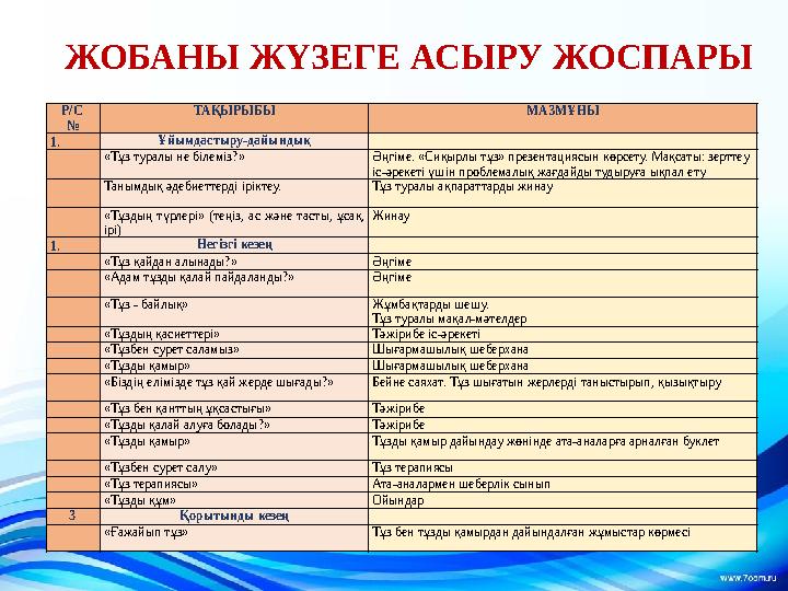 ЖОБАНЫ ЖҮЗЕГЕ АСЫРУ ЖОСПАРЫ Р/С № ТАҚЫРЫБЫ МАЗМҰНЫ 1. Ұйымдастыру-дайындық «Тұз туралы не білеміз?» Әңгіме. «Сиқырлы