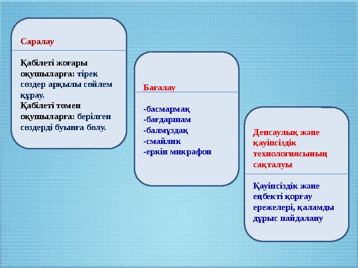 Саралау Қабілеті жоғары оқушыларға: тірек сөздер арқылы сөйлем құрау. Қабілеті төмен оқушыларға: берілген сөздерді буынға
