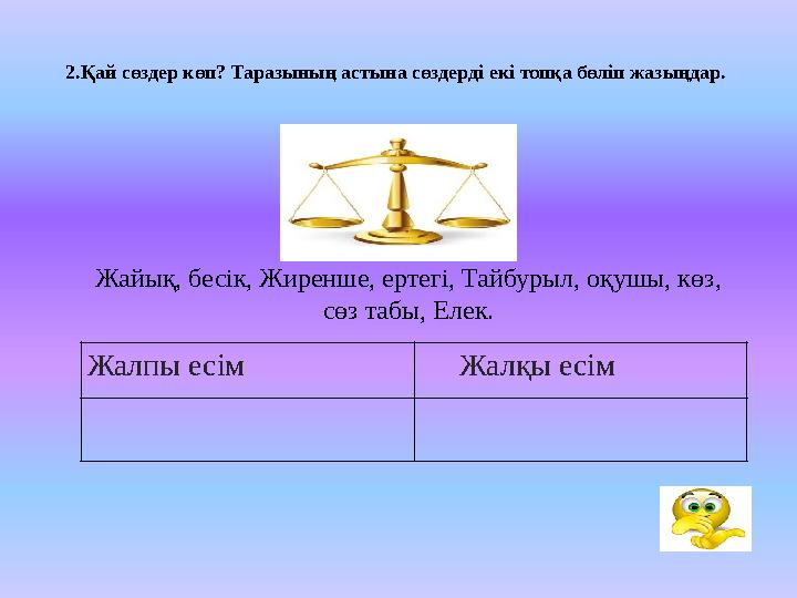 2.Қай сөздер көп? Таразының астына сөздерді екі топқа бөліп жазыңдар. Жалпы есім Жалқы есімЖайық, бесік, Жиренше, ертегі, Тайбу