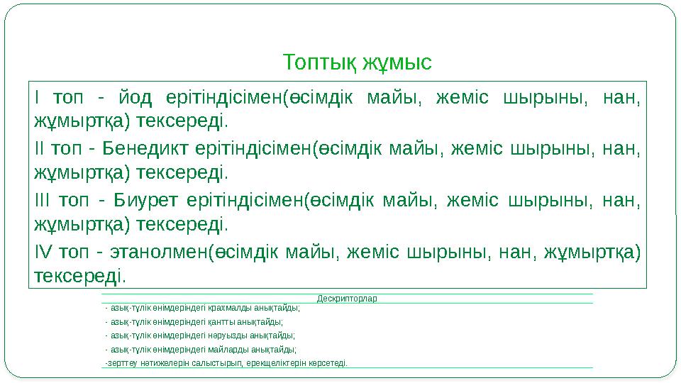 Топтық жұмыс I топ - йод ерітіндісімен(өсімдік майы, жеміс шырыны, нан, жұмыртқа) тексереді. II топ - Бенедикт еріт