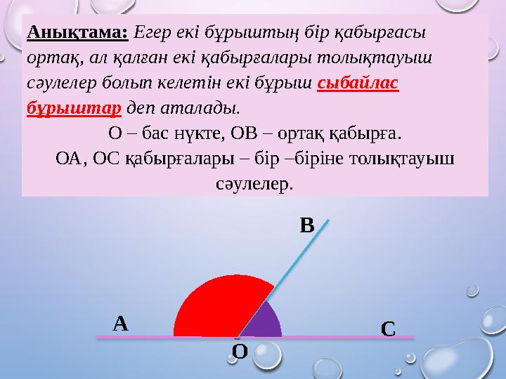 Анықтама: Егер екі бұрыштың бір қабырғасы ортақ, ал қалған екі қабырғалары толықтауыш сәулелер болып келетін екі бұрыш сыба