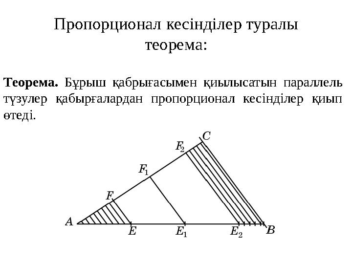 Пропорционал кесінділер туралы теорема: Теорема. Бұрыш қабрығасымен қиылысатын параллель түзулер қабырғалардан пропорцио