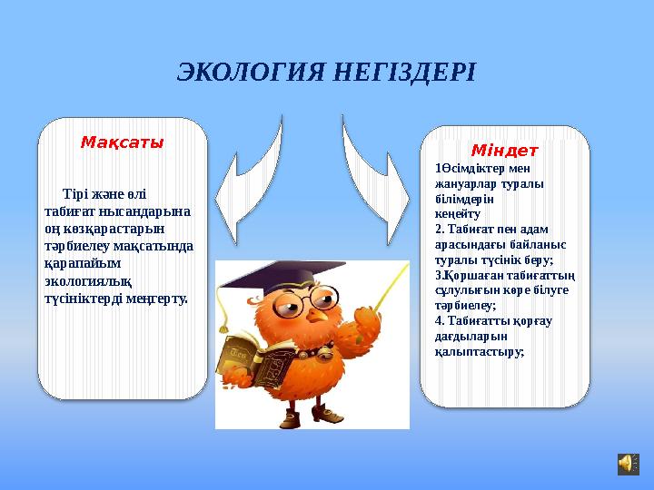 ЭКОЛОГИЯ НЕГІЗДЕРІ Міндет 1Өсімдіктер мен жануарлар туралы білімдерін кеңейту 2. Табиғат пен адам арасындағы байланыс турал