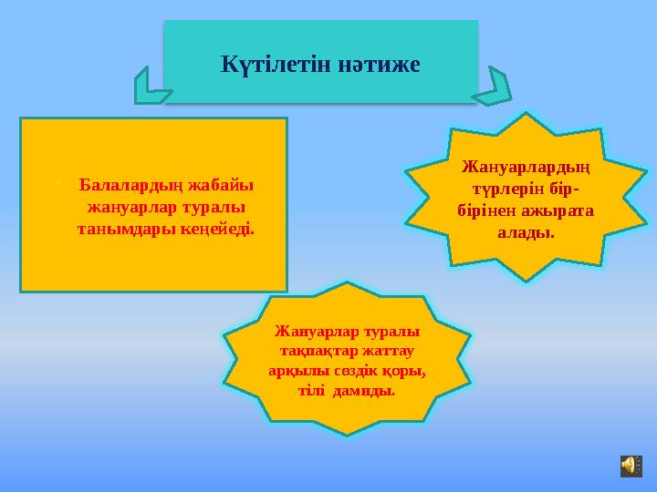 Күтілетін нәтиже • Балалардың жабайы жануарлар туралы танымдары кеңейеді. Жануарлардың түрлерін бір- бірінен ажырата алады.