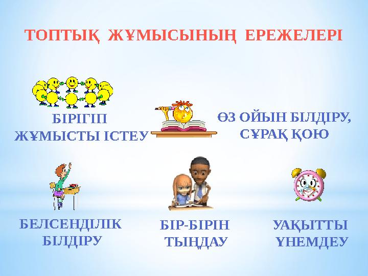 ТОПТЫҚ ЖҰМЫСЫНЫҢ ЕРЕЖЕЛЕРІ БІРІГІП ЖҰМЫСТЫ ІСТЕУ ӨЗ ОЙЫН БІЛДІРУ, СҰРАҚ ҚОЮ БЕЛСЕНДІЛІК БІЛДІРУ БІР-БІРІН ТЫҢДАУ УАҚЫТТЫ