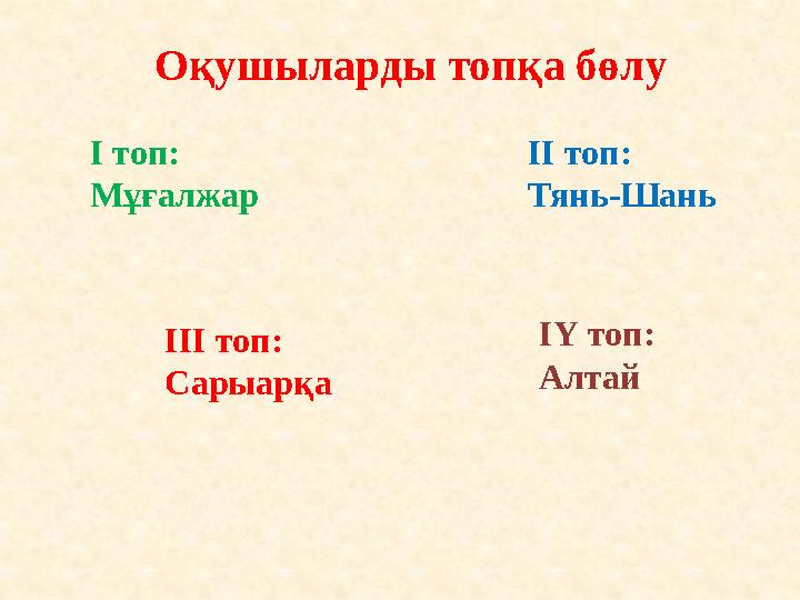 Оқушыларды топқа бөлу І топ: Мұғалжар ІІ топ: Тянь-Шань І Y топ: АлтайІІІ топ: Сарыарқа