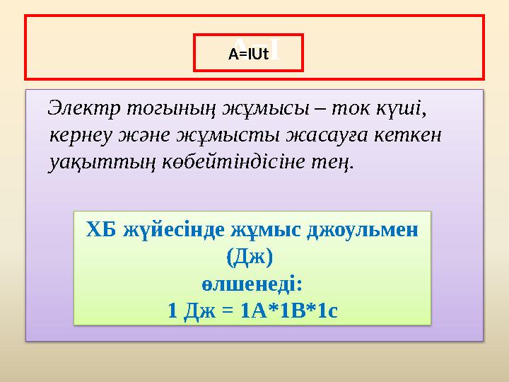 Электр тогының жұмысы – ток күші, кернеу және жұмысты жасауға кеткен уақыттың көбейтіндісіне тең. A=I A=IUt ХБ ж үйесінд