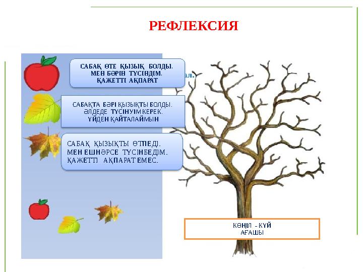 РЕФЛЕКСИЯ САБАҚ ӨТЕ ҚЫЗЫҚ БОЛДЫ. МЕН БӘРІН ТҮСІНДІМ. ҚАЖЕТТІ АҚПАРАТ САБАҚТА БӘРІ ҚЫЗЫҚТЫ БОЛДЫ. ӘЛДЕДЕ ТҮСІНУІМ КЕР