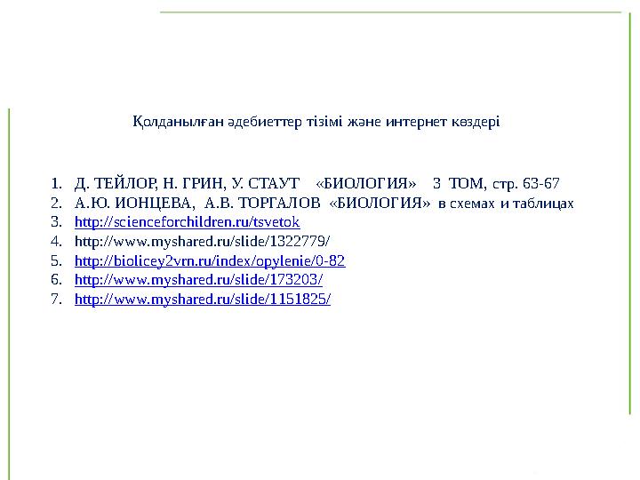 Қолданылған әдебиеттер тізімі және интернет көздері 1. Д. ТЕЙЛОР, Н. ГРИН, У. СТАУТ «БИОЛОГИЯ» 3 ТОМ, стр. 63-67 2. А.Ю.