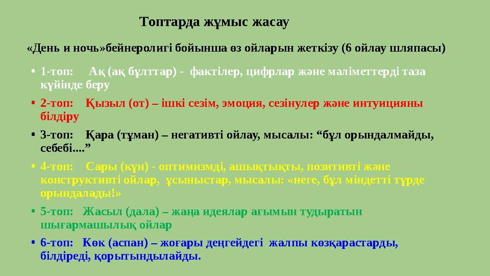 «День и ночь»бейнеролигі бойынша өз ойларын жеткізу (6 ойлау шляпасы) Топтарда жұмыс жасау • 1-топ: Ақ (ақ бұлттар) - факті