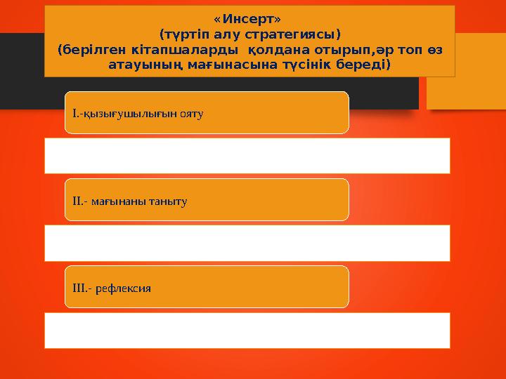 « Инсерт » (түртіп алу стратегиясы) (берілген кітапшаларды қолдана отырып, әр топ өз атауының мағынасына түсінік береді) I.-