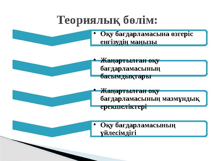 • Оқу бағдарламасына өзгеріс енгізудің маңызы • Жаңартылған оқу бағдарламасының басымдықтары • Жаңартылған оқу бағдарламасын