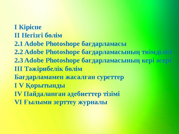 І Кіріспе ІІ Негізгі бөлім 2.1 Adobe Photoshope бағдарламасы 2.2 Adobe Photoshope бағдарламасының тиімділігі 2.3 Adobe Photoshop