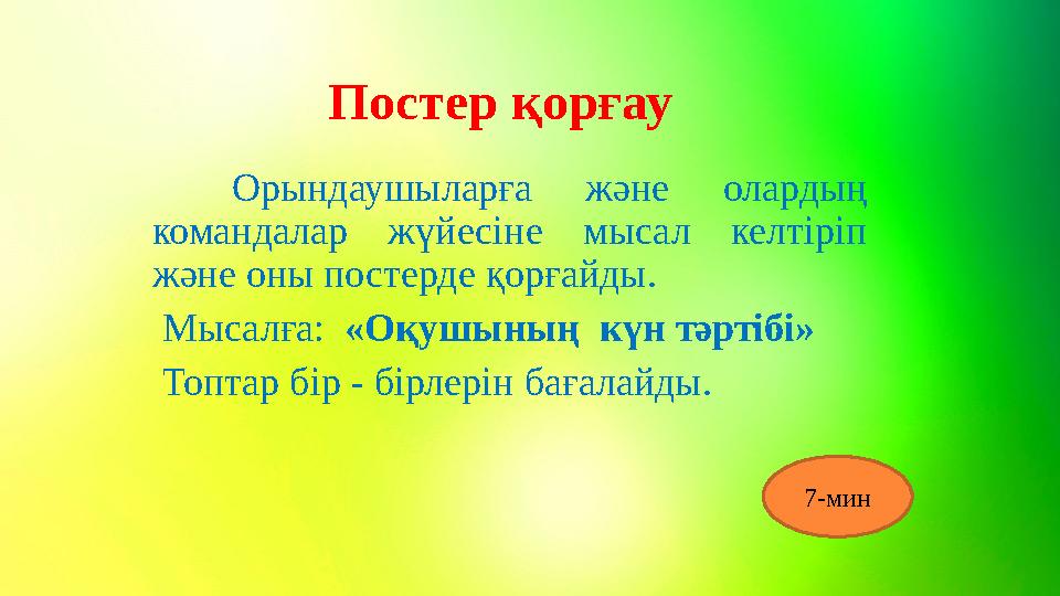 Постер қорғау Орындаушыларға және олардың командалар жүйесіне мысал келтіріп және оны постерде қорғайды. Мысалға: «