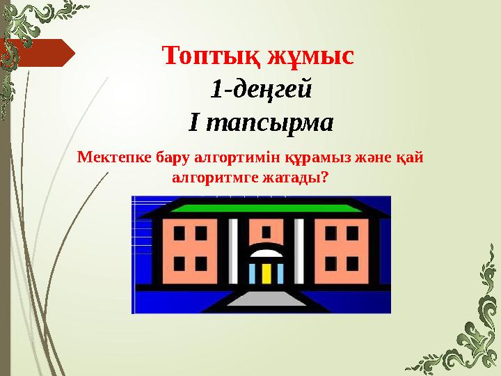 Топтық жұмыс 1-деңгей І тапсырма Мектепке бару алгортимін құрамыз және қай алгоритмге жатады?